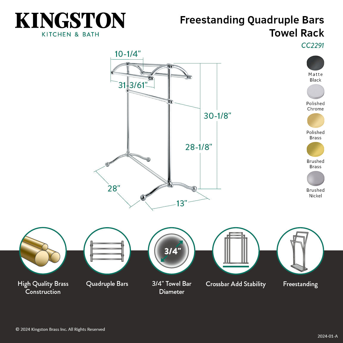 Vintage CC2292 Freestanding Towel Rack, Polished Brass