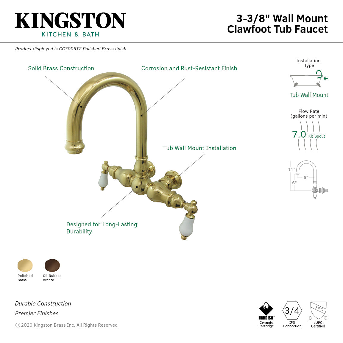 Vintage CC3005T5 Two-Handle 2-Hole Tub Wall Mount Clawfoot Tub Faucet, Oil Rubbed Bronze