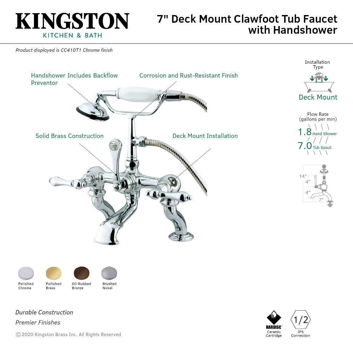 Vintage CC409T2 Three-Handle 2-Hole Deck Mount Clawfoot Tub Faucet with Hand Shower, Polished Brass