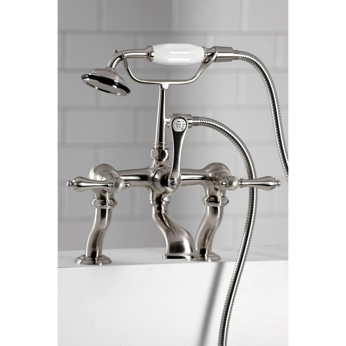 Vintage CC409T8 Three-Handle 2-Hole Deck Mount Clawfoot Tub Faucet with Hand Shower, Brushed Nickel