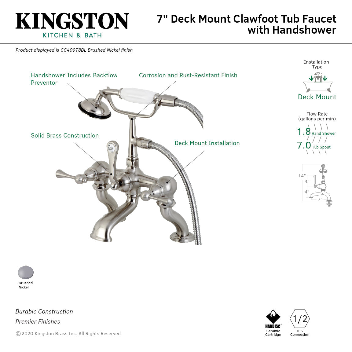 CC409T8BL Three-Handle 2-Hole Deck Mount Clawfoot Tub Faucet with Hand Shower, Brushed Nickel