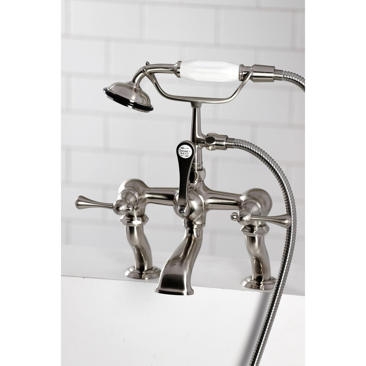 CC409T8BL Three-Handle 2-Hole Deck Mount Clawfoot Tub Faucet with Hand Shower, Brushed Nickel