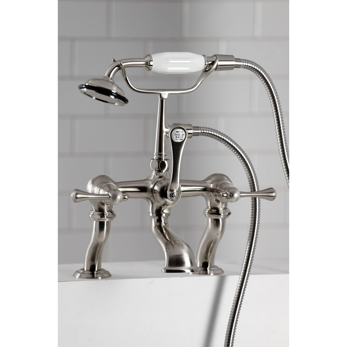 CC409T8BL Three-Handle 2-Hole Deck Mount Clawfoot Tub Faucet with Hand Shower, Brushed Nickel