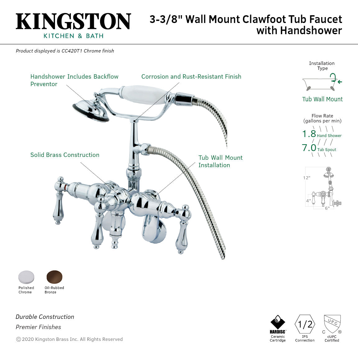 Vintage CC419T5 Three-Handle 2-Hole Tub Wall Mount Clawfoot Tub Faucet with Hand Shower, Oil Rubbed Bronze