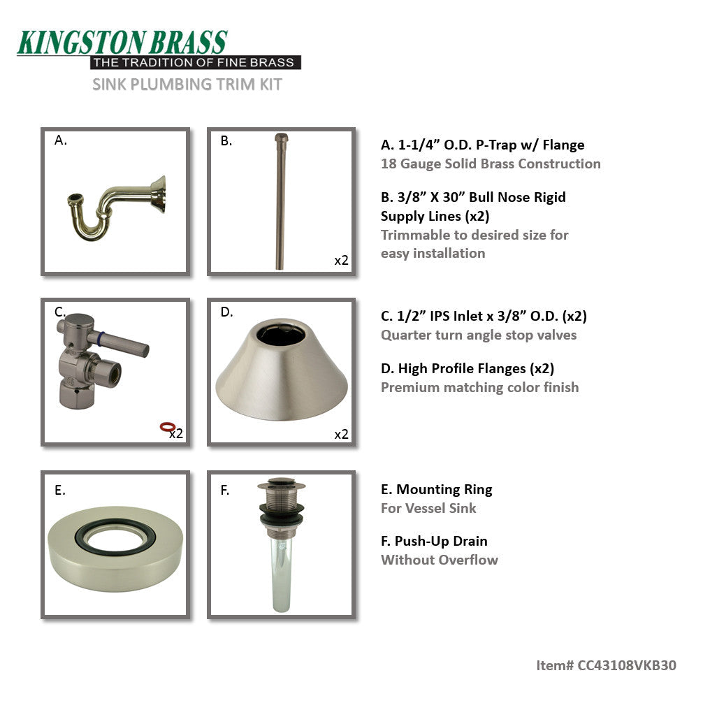 Trimscape CC43108VKB30 Traditional Plumbing Sink Trim Kit with P-Trap and Drain, Brushed Nickel