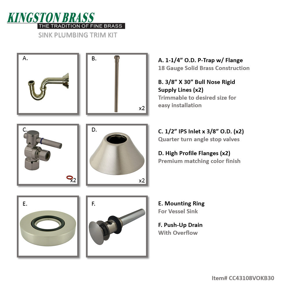 Trimscape CC43108VOKB30 Traditional Plumbing Sink Trim Kit with P-Trap and Overflow Drain, Brushed Nickel