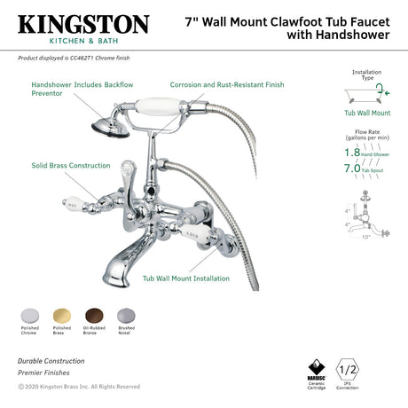 Vintage CC461T8 Three-Handle 2-Hole Tub Wall Mount Clawfoot Tub Faucet with Hand Shower, Brushed Nickel