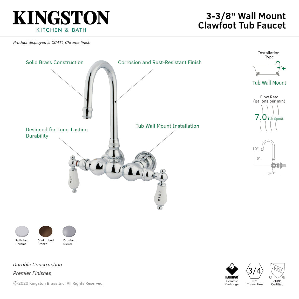 Vintage CC4T1 Two-Handle 2-Hole Tub Wall Mount Clawfoot Tub Faucet, Polished Chrome