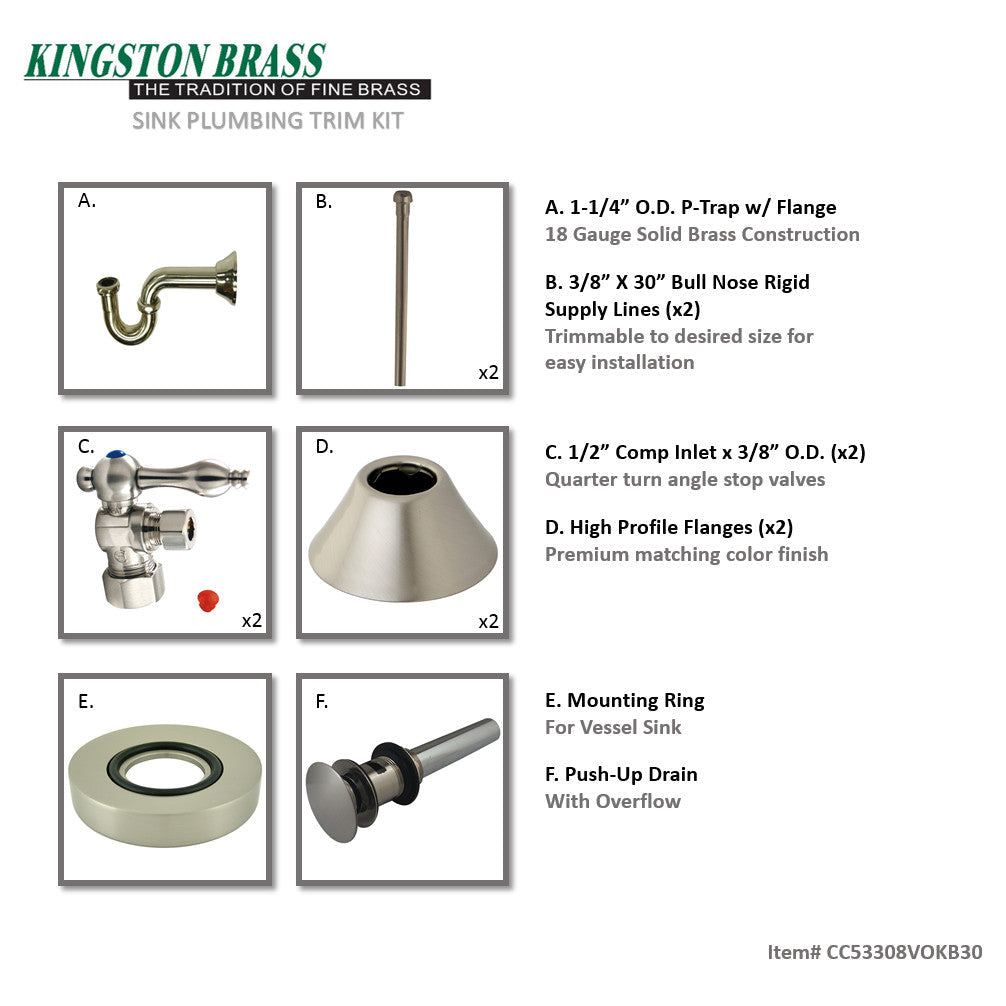 Trimscape CC53308VOKB30 Traditional Plumbing Sink Trim Kit with P-Trap and Overflow Drain, Brushed Nickel