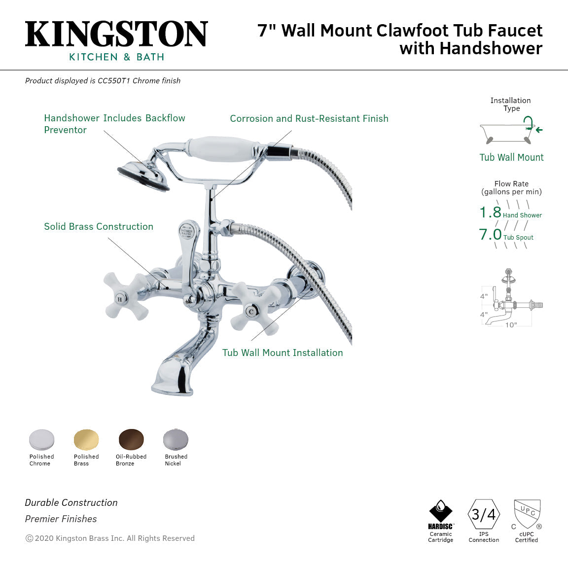 Vintage CC549T2 Three-Handle 2-Hole Tub Wall Mount Clawfoot Tub Faucet with Hand Shower, Polished Brass