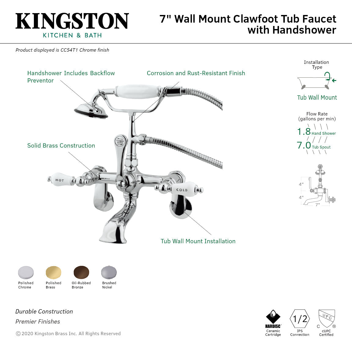 Vintage CC54T1 Three-Handle 2-Hole Tub Wall Mount Clawfoot Tub Faucet with Hand Shower, Polished Chrome