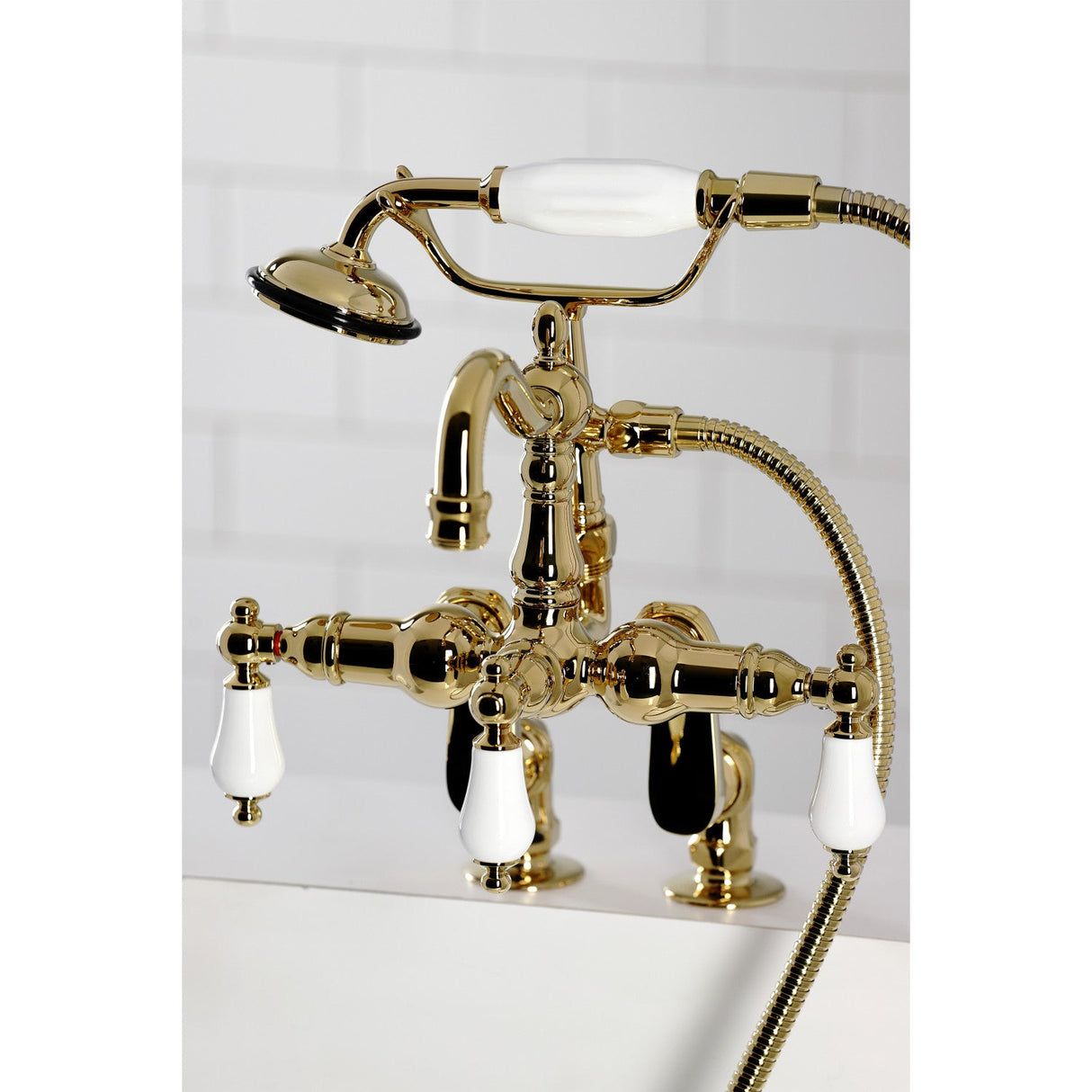 Vintage CC6015T2 Three-Handle 2-Hole Deck Mount Clawfoot Tub Faucet with Hand Shower, Polished Brass