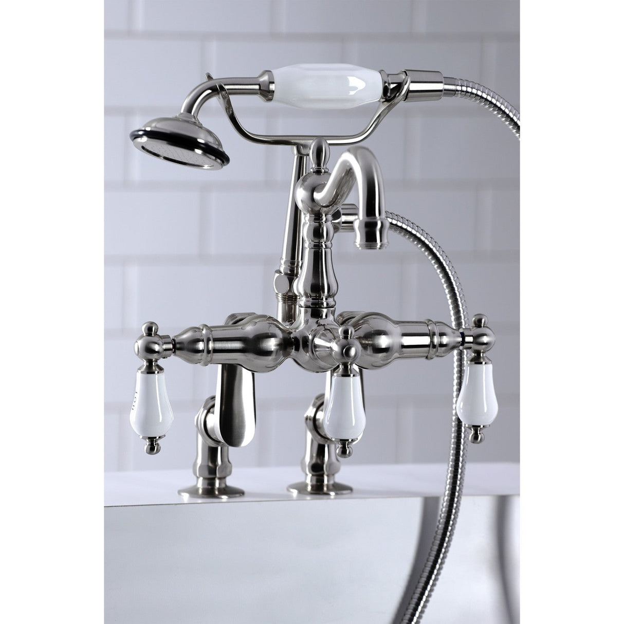 Vintage CC6017T8 Three-Handle 2-Hole Deck Mount Clawfoot Tub Faucet with Hand Shower, Brushed Nickel