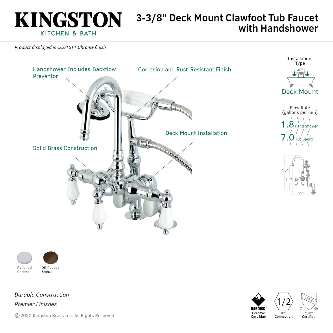 Vintage CC616T1 Three-Handle 2-Hole Deck Mount Clawfoot Tub Faucet with Hand Shower, Polished Chrome