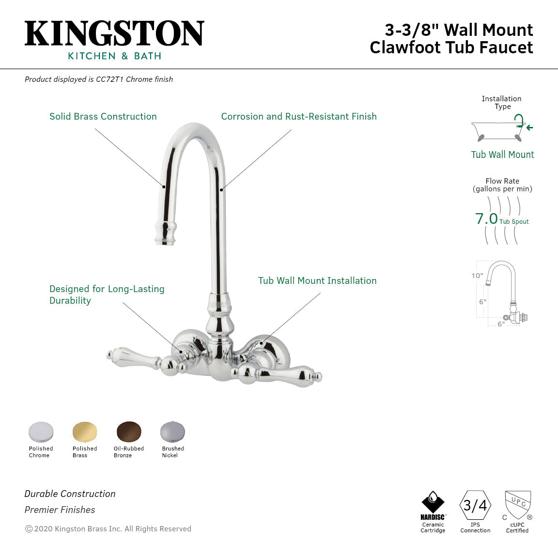 Vintage CC71T2 Two-Handle 2-Hole Tub Wall Mount Clawfoot Tub Faucet, Polished Brass