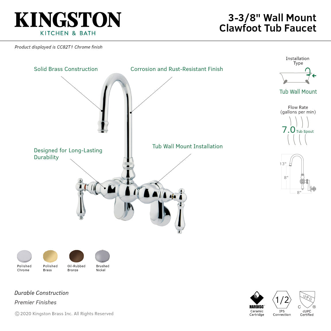Vintage CC82T1 Two-Handle 2-Hole Tub Wall Mount Clawfoot Tub Faucet, Polished Chrome
