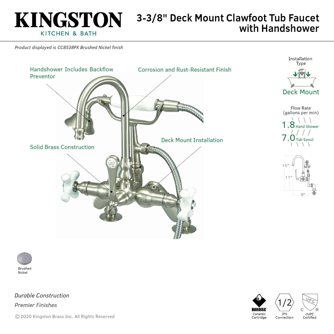 CC8538PX Three-Handle 2-Hole Deck Mount Clawfoot Tub Faucet with Hand Shower, Brushed Nickel