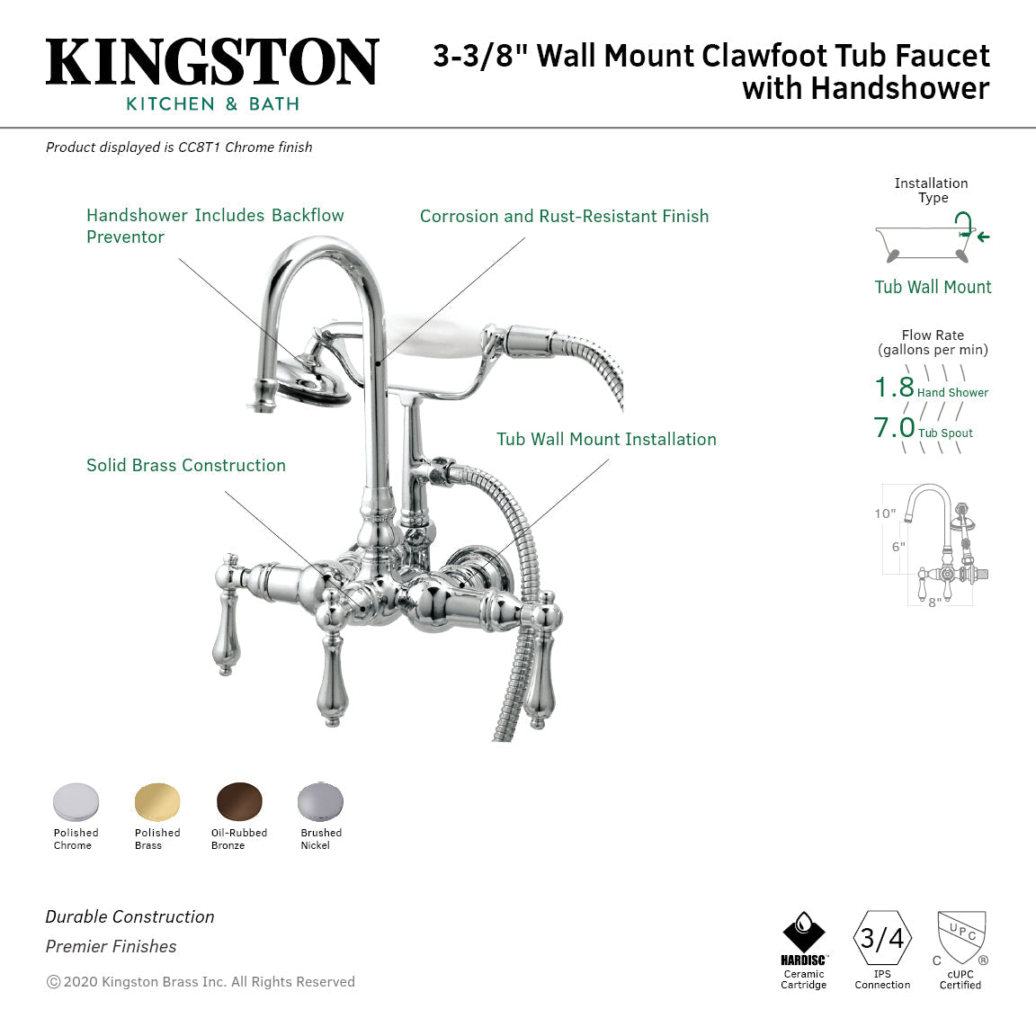 Vintage CC8T1 Three-Handle 2-Hole Tub Wall Mount Clawfoot Tub Faucet with Hand Shower, Polished Chrome