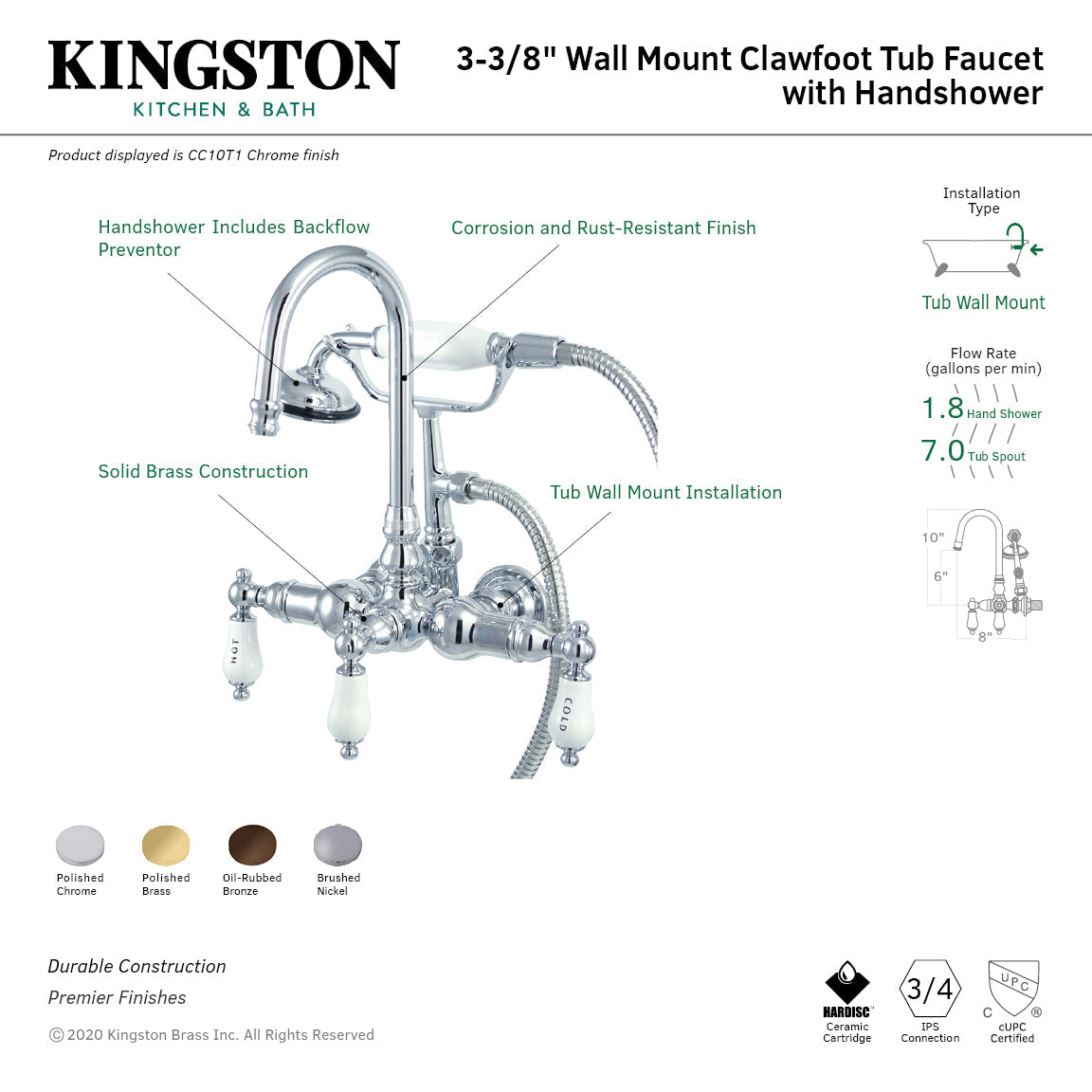 Vintage CC9T8 Three-Handle 2-Hole Tub Wall Mount Clawfoot Tub Faucet with Hand Shower, Brushed Nickel