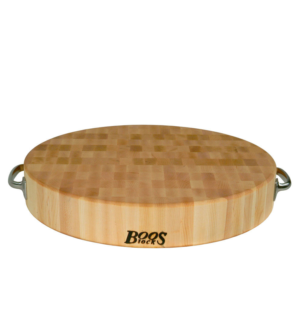 John Boos CCB183-R-H Block Maple Wood End Grain Round Cutting Board with Stainless Steel Handles, 18 Inches x 3 Tall 18DIAX3 MPL-END GR-NON REV-HANDLES