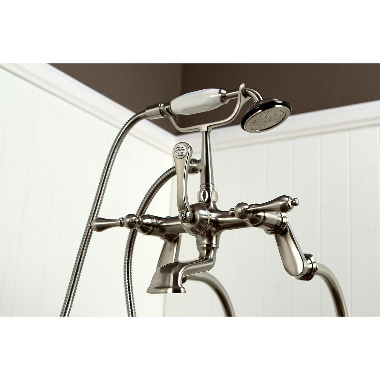 Vintage CCK103T8 Three-Handle 2-Hole Freestanding Clawfoot Tub Faucet Package with Supply Line and Stop Valve, Brushed Nickel