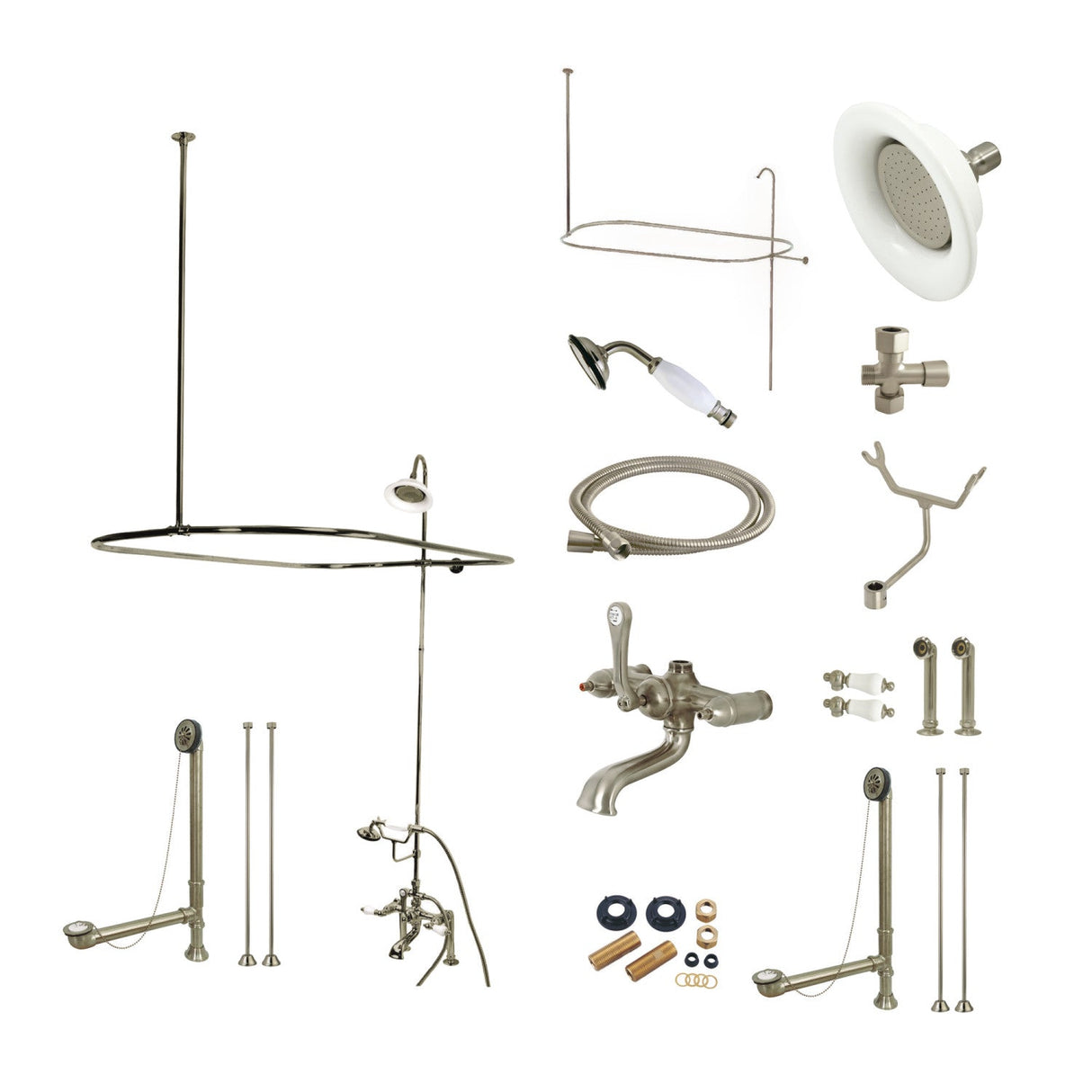 Vintage CCK1178DPL Three-Handle 2-Hole Deck Mount Clawfoot Tub Faucet Package with Shower Enclosure, Brushed Nickel