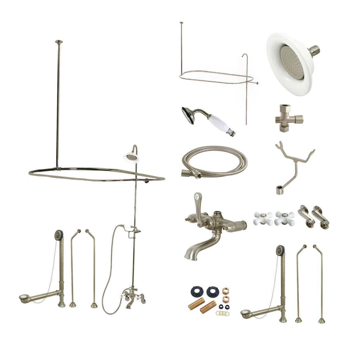 Vintage CCK1188PX Three-Handle 2-Hole Tub Wall Mount Clawfoot Tub Faucet Package with Shower Enclosure, Brushed Nickel