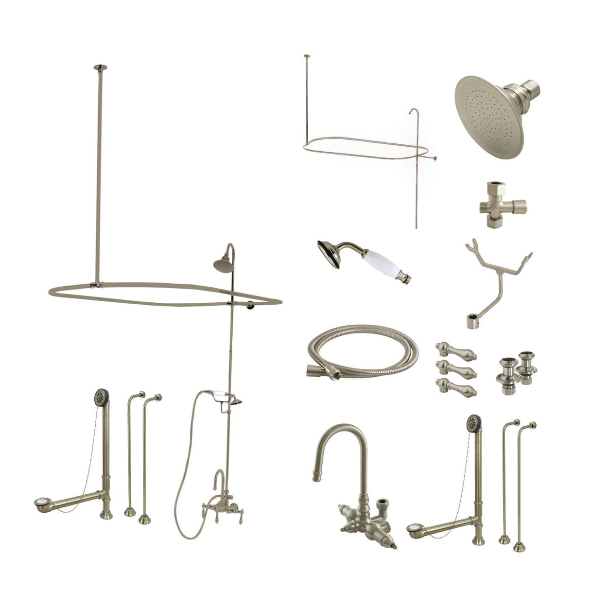 Vintage CCK2148AL Three-Handle 2-Hole Tub Wall Mount Clawfoot Tub Faucet Package with Shower Enclosure, Brushed Nickel