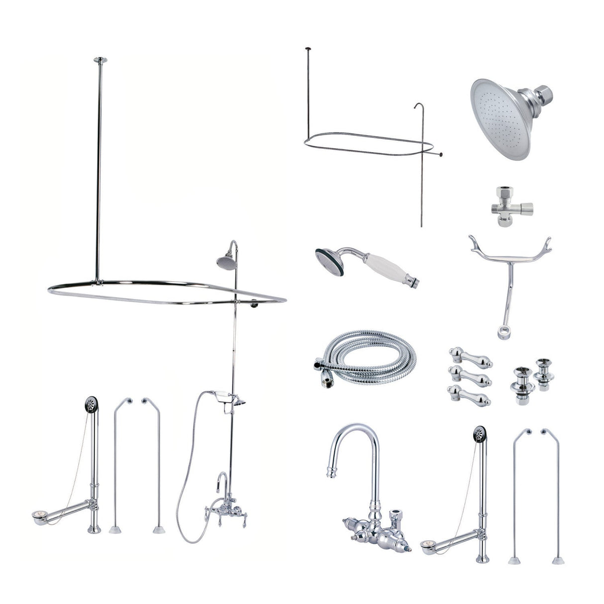 Vintage CCK2181AL Three-Handle 2-Hole Tub Wall Mount Clawfoot Tub Faucet Package with Shower Enclosure, Polished Chrome