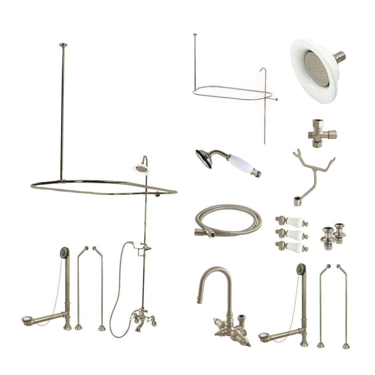 Vintage CCK2188PL Three-Handle 2-Hole Tub Wall Mount Clawfoot Tub Faucet Package with Shower Enclosure, Brushed Nickel