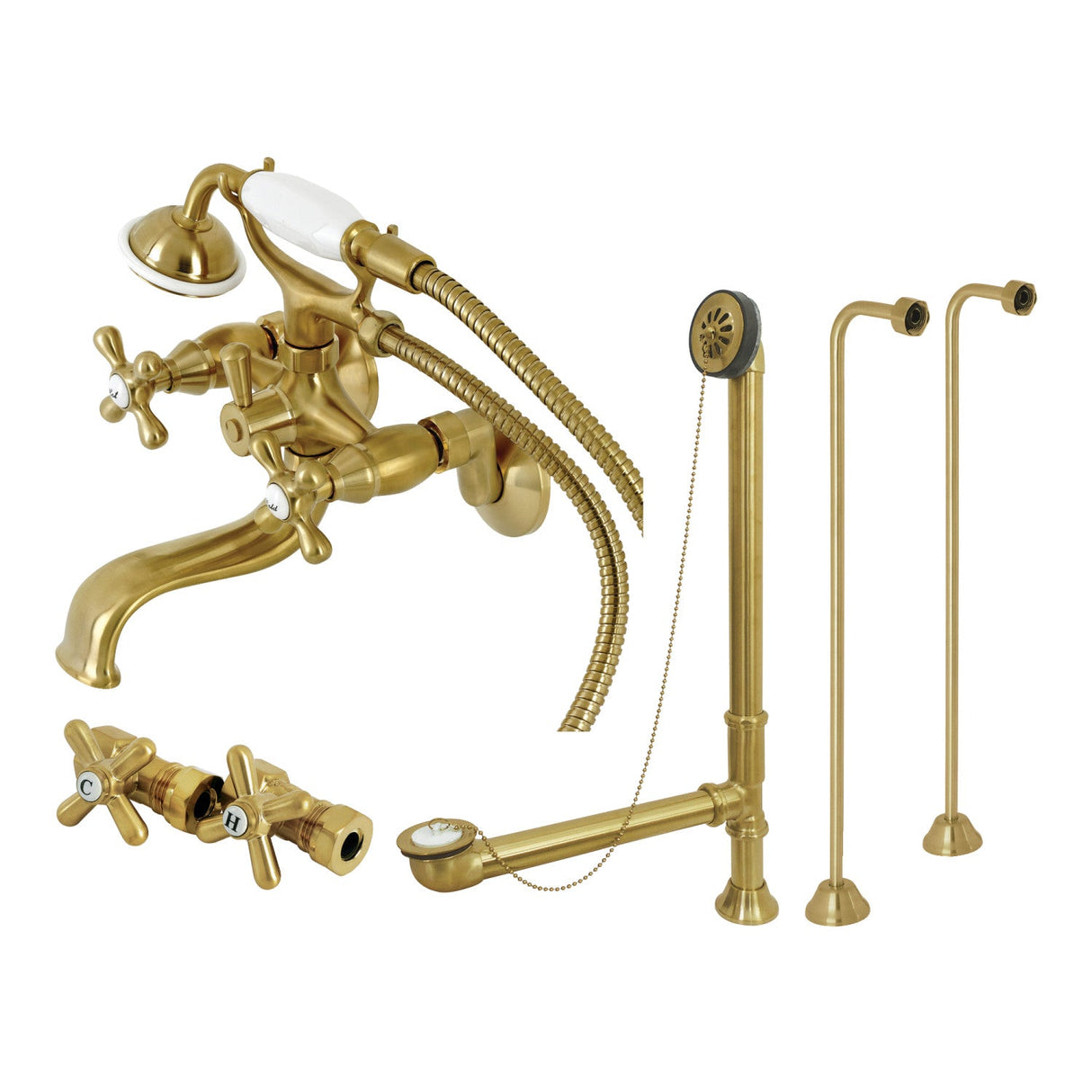 Vintage CCK225SB Three-Handle 2-Hole Tub Wall Mount Clawfoot Tub Faucet Package with Supply Line and Tub Drain, Brushed Brass