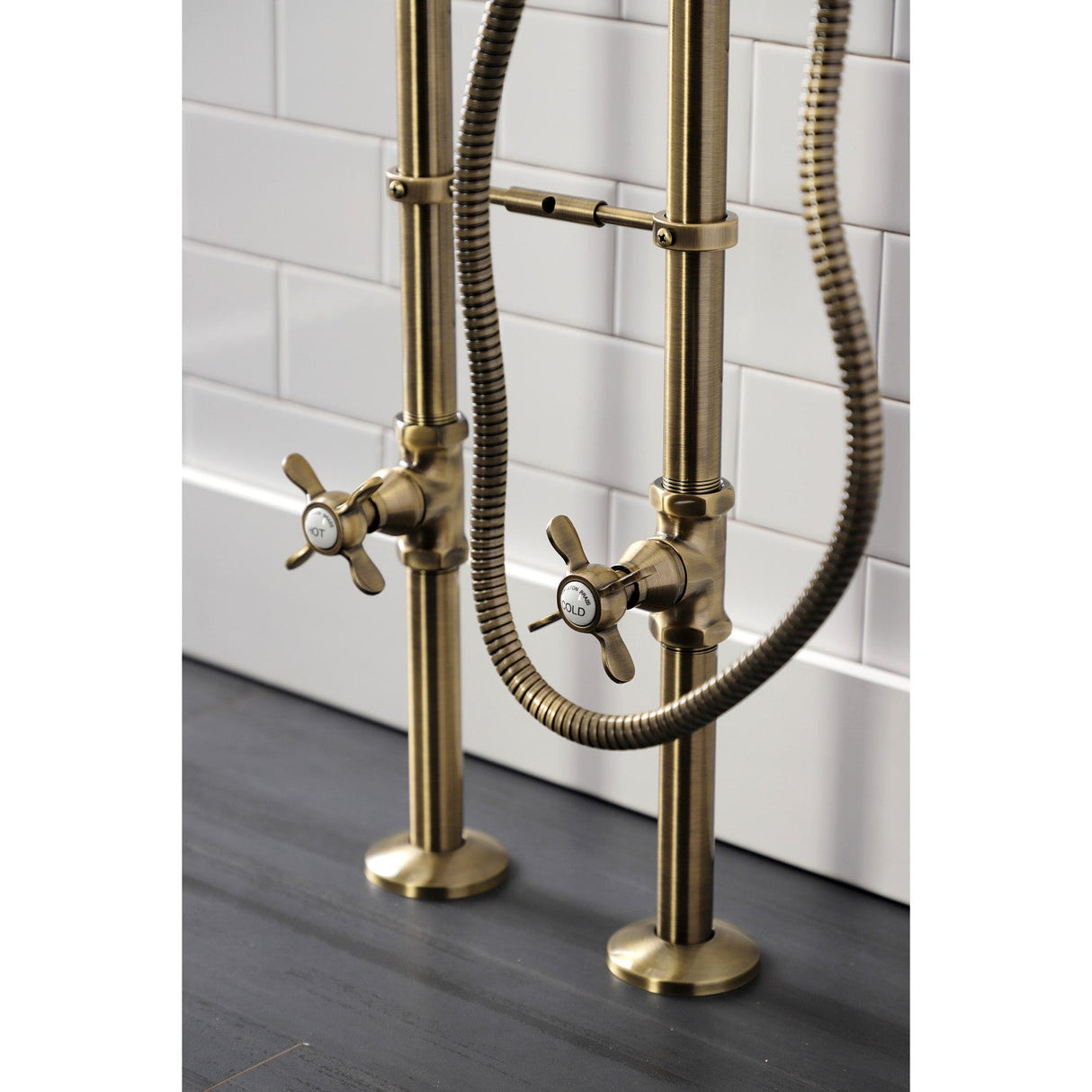 Essex CCK246K3 Three-Handle 2-Hole Freestanding Clawfoot Tub Faucet Package with Supply Line and Stop Valve, Antique Brass