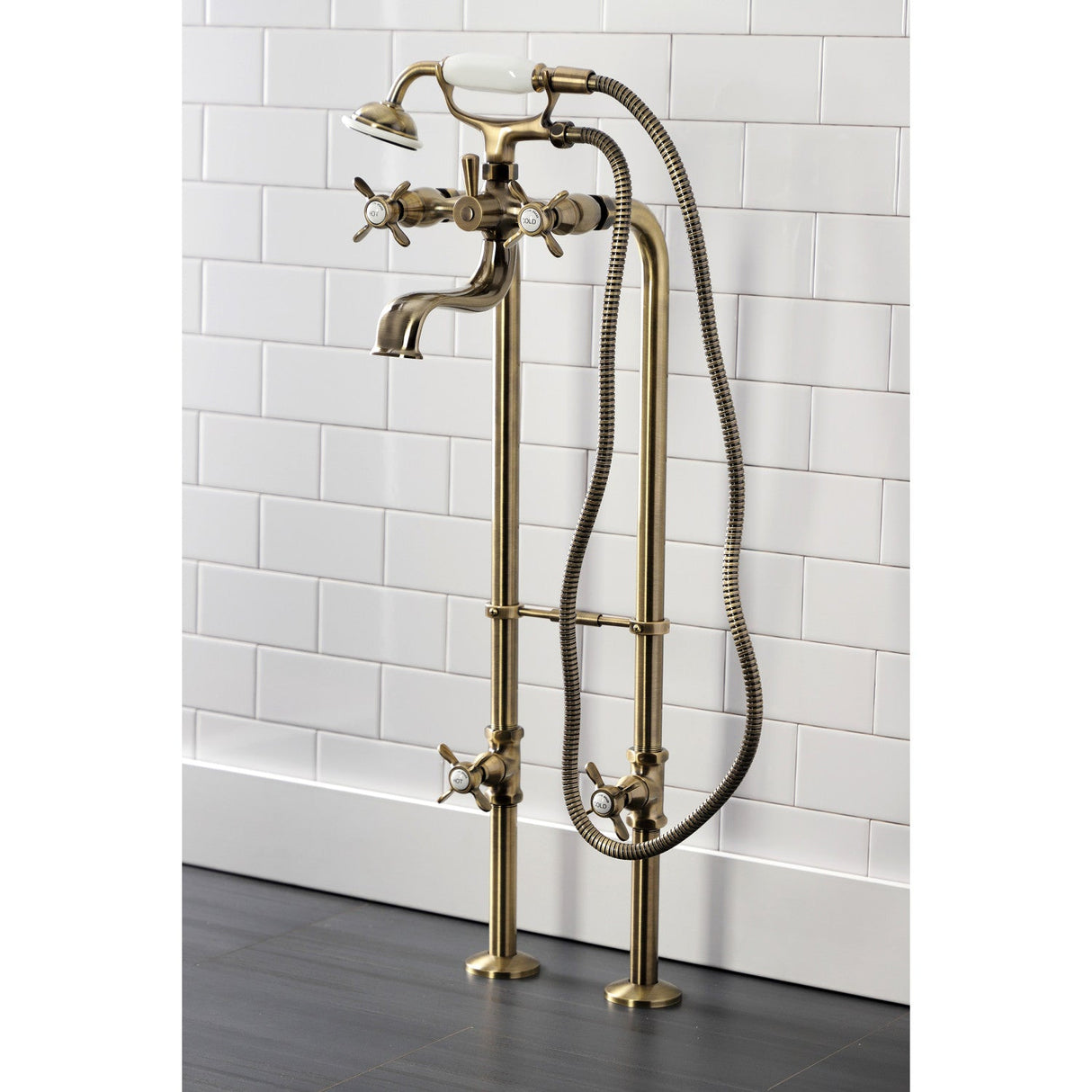 Essex CCK246K3 Three-Handle 2-Hole Freestanding Clawfoot Tub Faucet Package with Supply Line and Stop Valve, Antique Brass