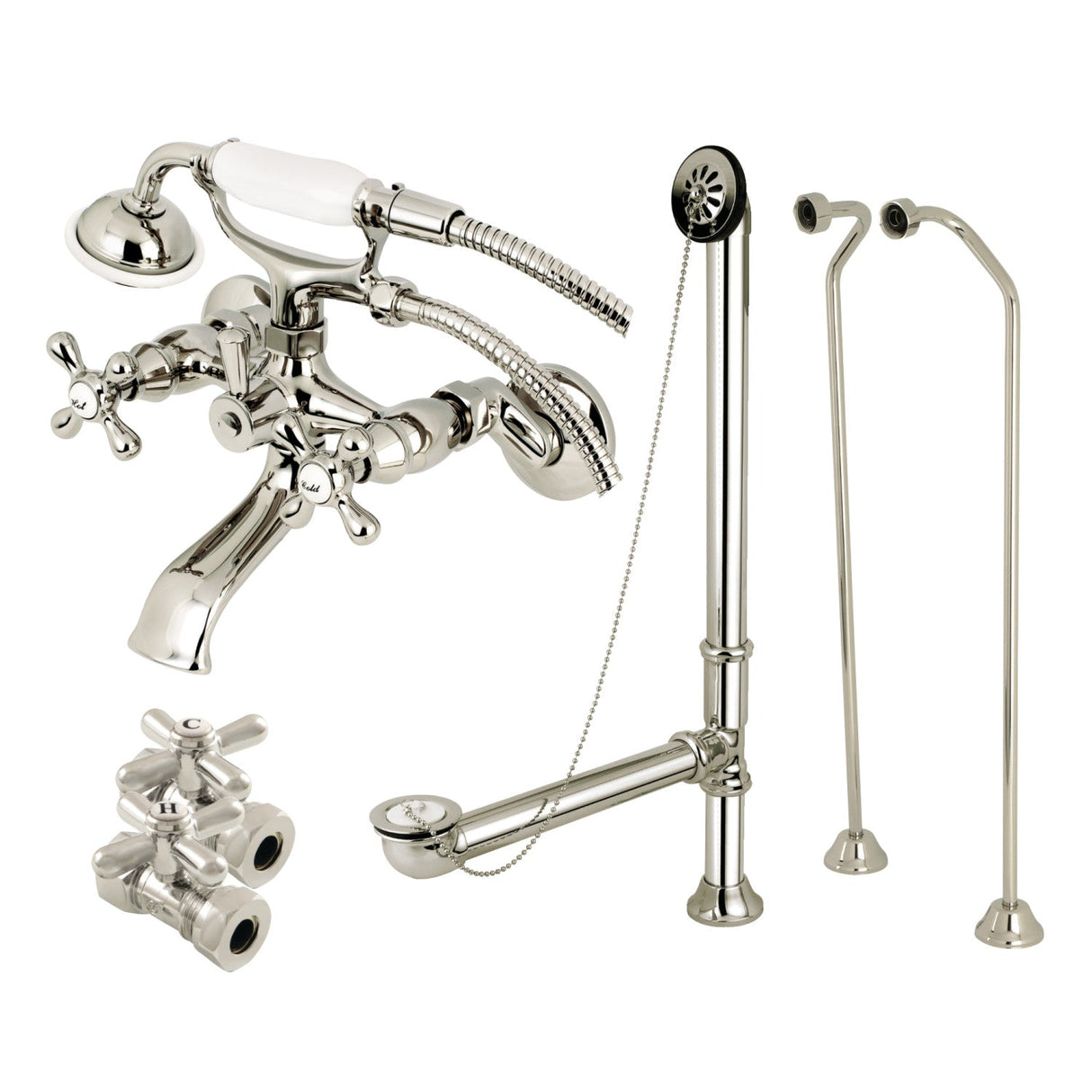 Vintage CCK265PND Two-Handle 2-Hole Tub Wall Mount Clawfoot Tub Faucet Package with Supply Line and Hand Shower, Polished Nickel