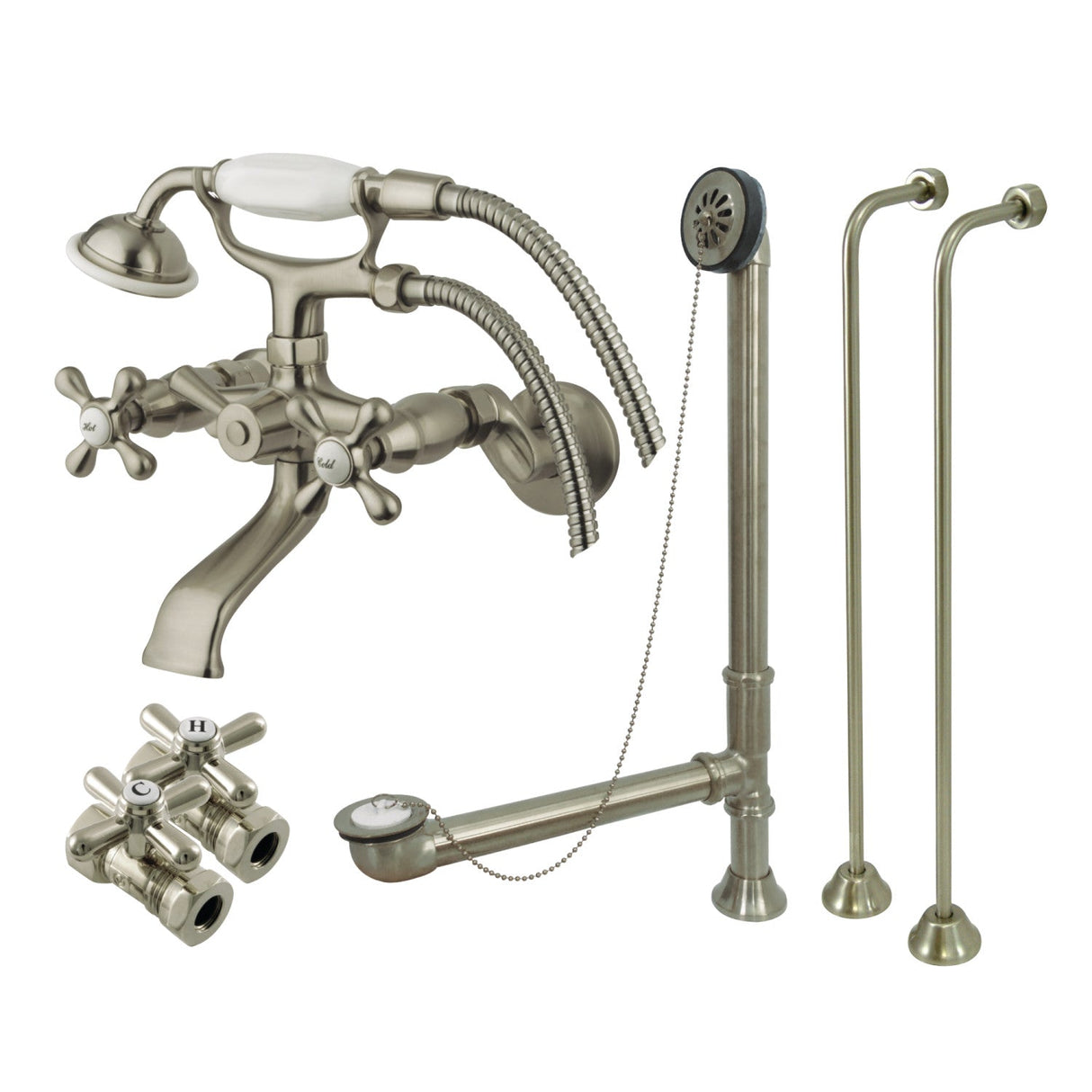 Vintage CCK265SN Two-Handle 2-Hole Tub Wall Mount Clawfoot Tub Faucet Package with Supply Line and Hand Shower, Brushed Nickel
