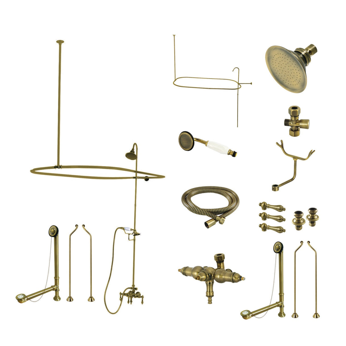 Vintage CCK3183AL Three-Handle 2-Hole Tub Wall Mount Clawfoot Tub Faucet Package with Shower Enclosure, Antique Brass