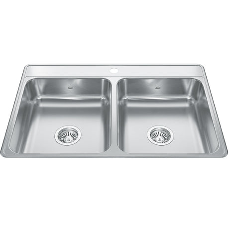 KINDRED CDLA3322-6-1N Creemore 33-in LR x 22-in FB x 6-in DP Drop In Double Bowl 1-Hole Stainless Steel Sink In Commercial Satin Finish
