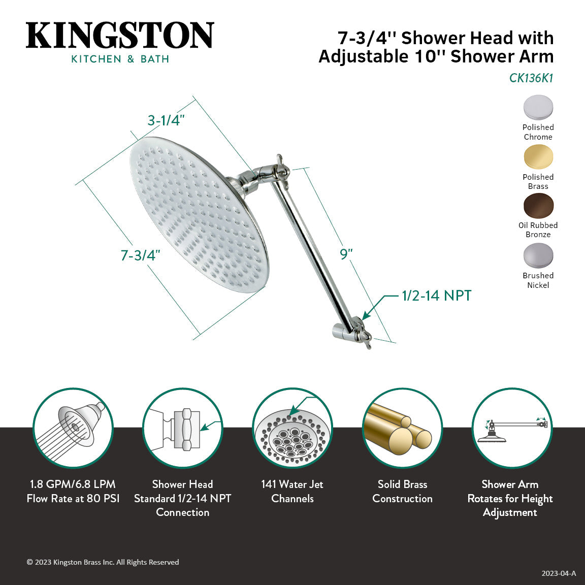 Victorian CK136K8 7-3/4 Inch Brass Shower Head with 10-Inch High-Low Shower Arm, Brushed Nickel