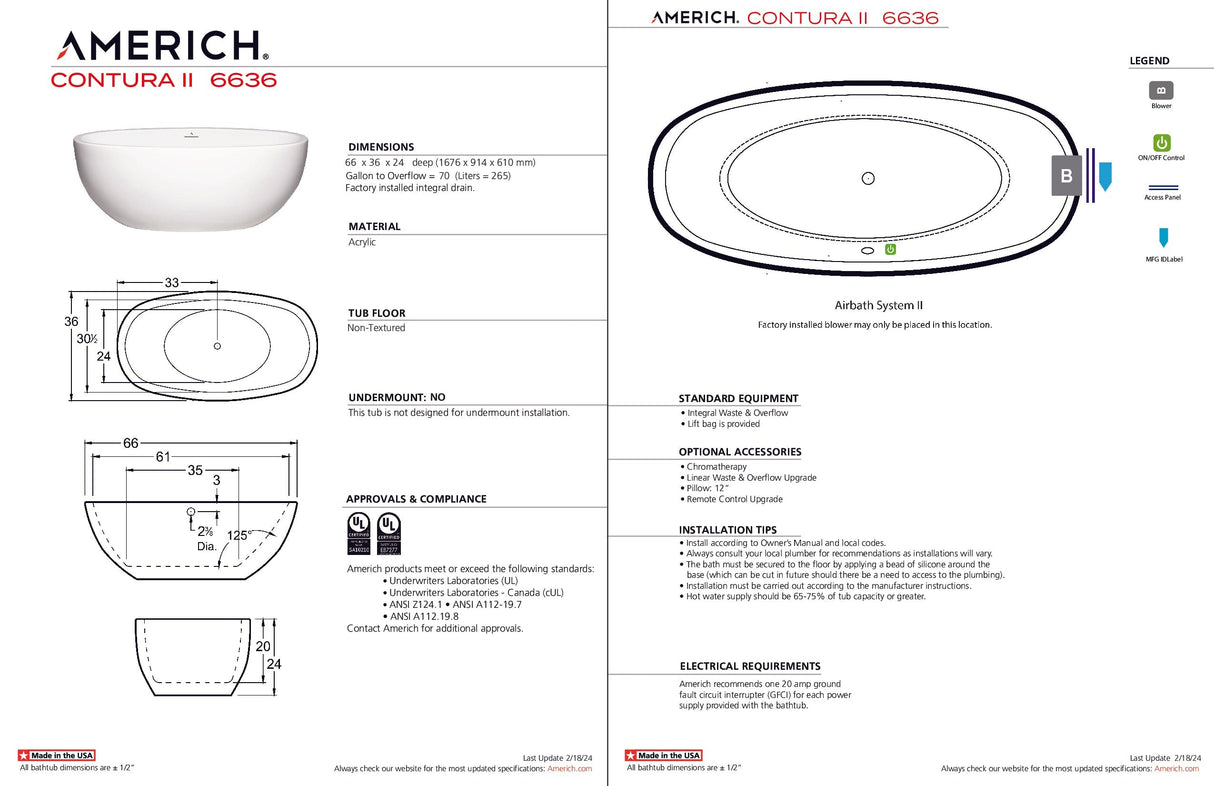 Americh CO6636T2-WH Contura II 6636 - Tub Only - White