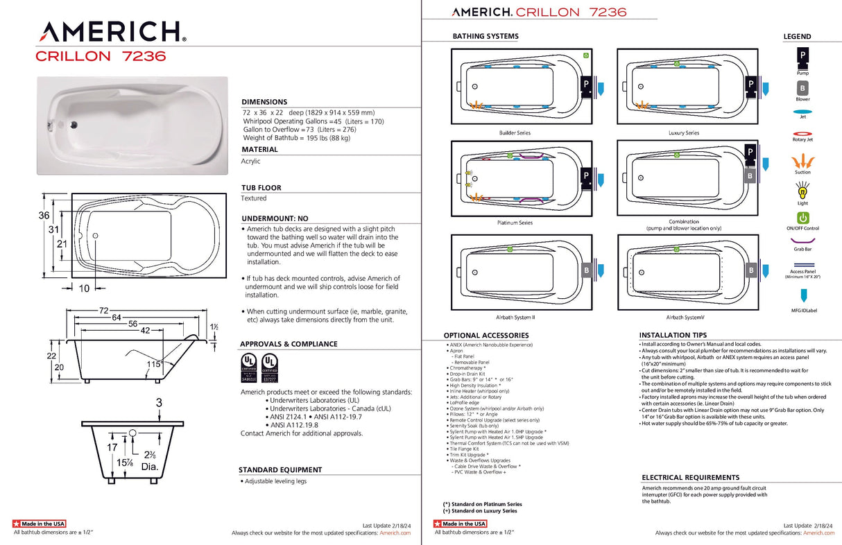 Americh CR7236TA5-BI Crillon 7236 - Tub Only / Airbath 5 - Biscuit