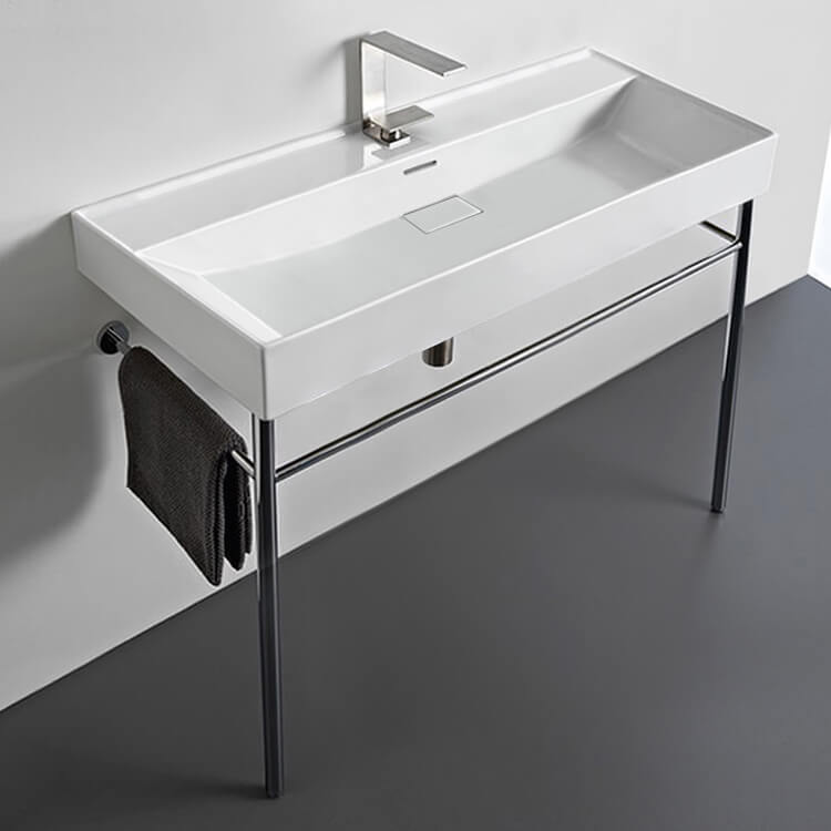 Rectangular White Ceramic Console Sink and Polished Chrome Stand, 40"