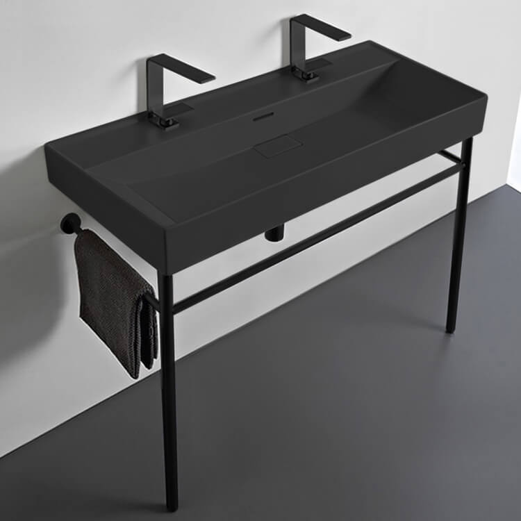 Trough Matte Black Ceramic Console Sink and Matte Black Stand, 40"