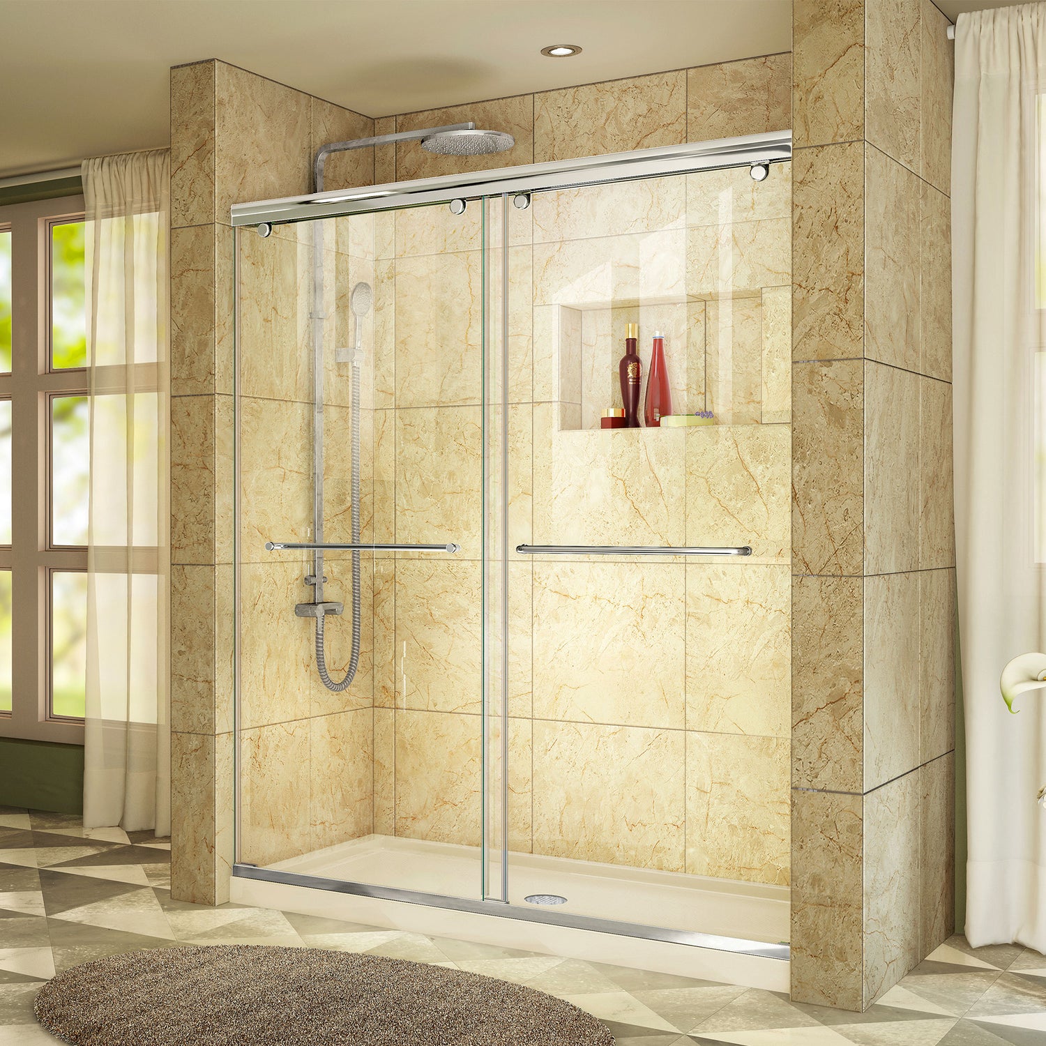 DreamLine Charisma 30 in. D x 60 in. W x 78 3/4 in. H Frameless Bypass Shower Door in Chrome with Center Drain Biscuit Base