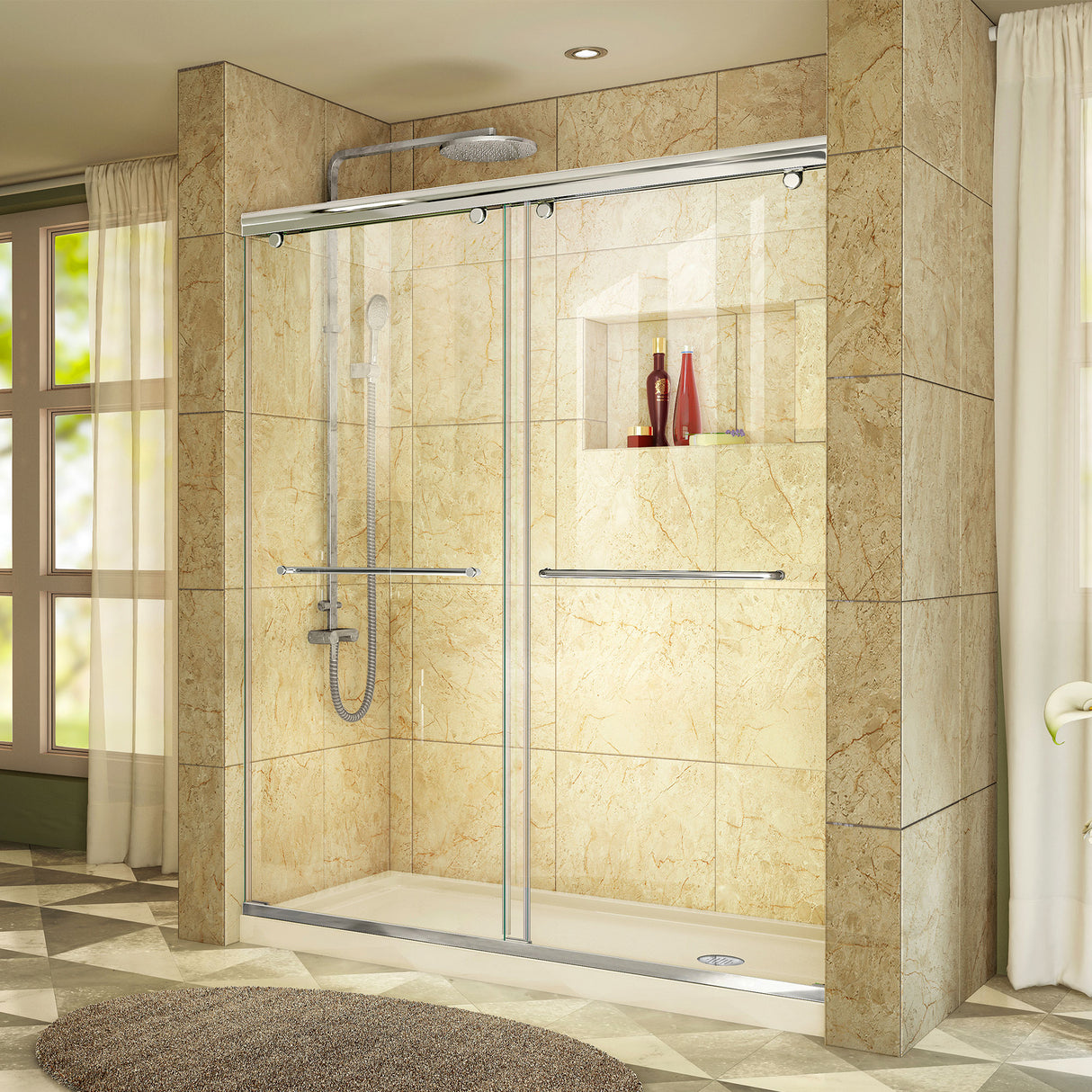 DreamLine Charisma 34 in. D x 60 in. W x 78 3/4 in. H Frameless Bypass Shower Door in Chrome with Right Drain Biscuit Base