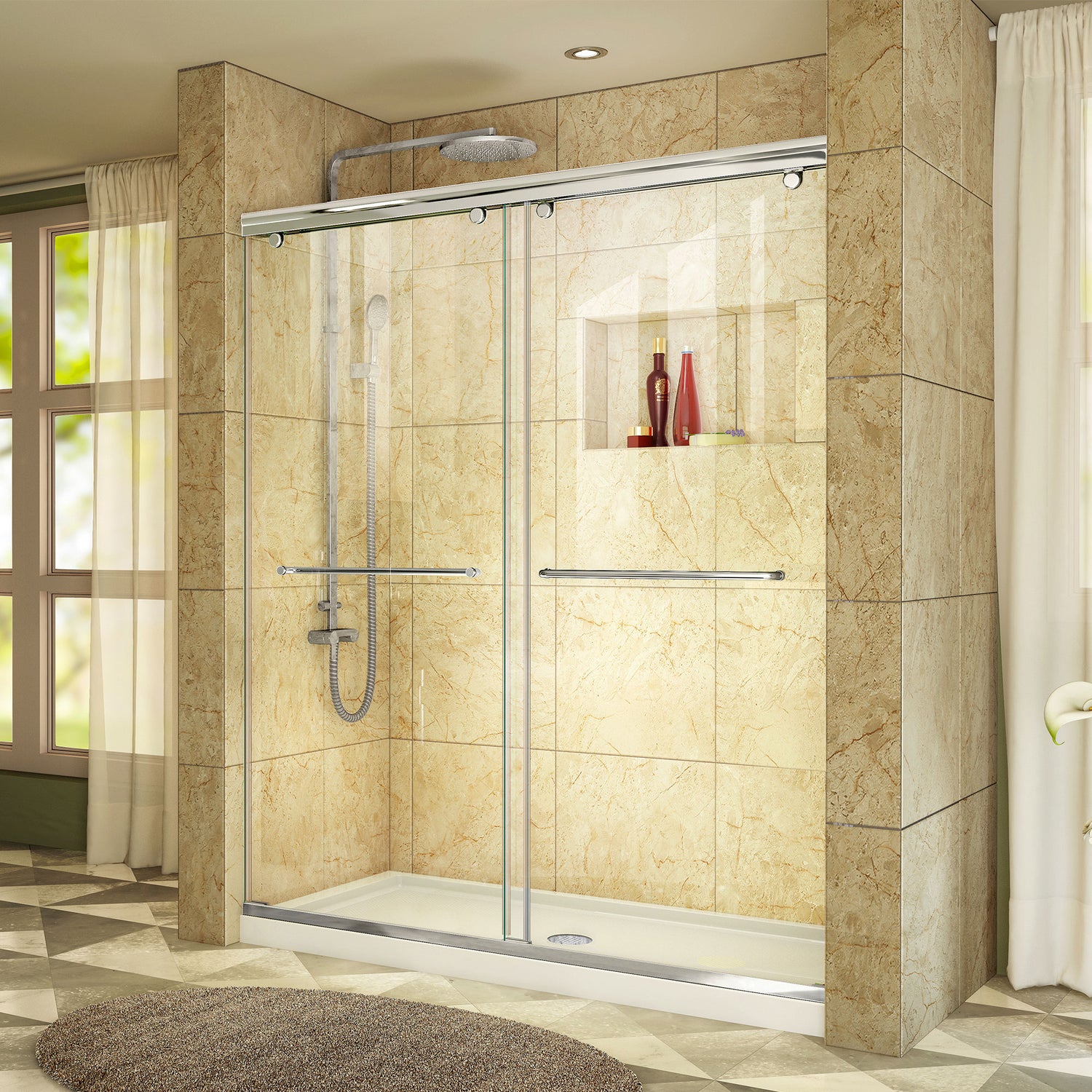 DreamLine Charisma 36 in. D x 60 in. W x 78 3/4 in. H Frameless Bypass Shower Door in Chrome with Center Drain White Base