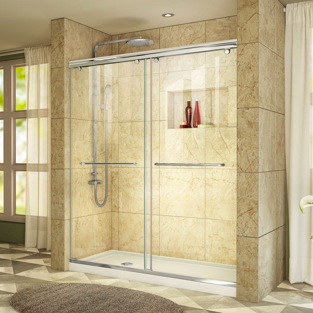 DreamLine Charisma 36 in. D x 60 in. W x 78 3/4 in. H Frameless Bypass Shower Door in Chrome with Left Drain White Base