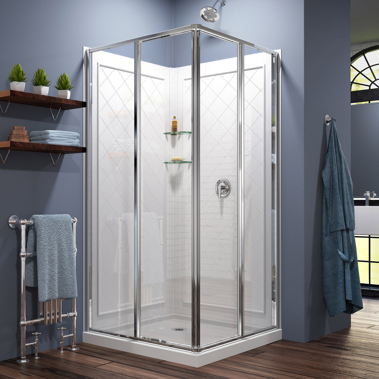 DreamLine Cornerview 36 in. D x 36 in. W x 76 3/4 in. H Framed Sliding Shower Enclosure in Chrome with White Base and Wall Kit
