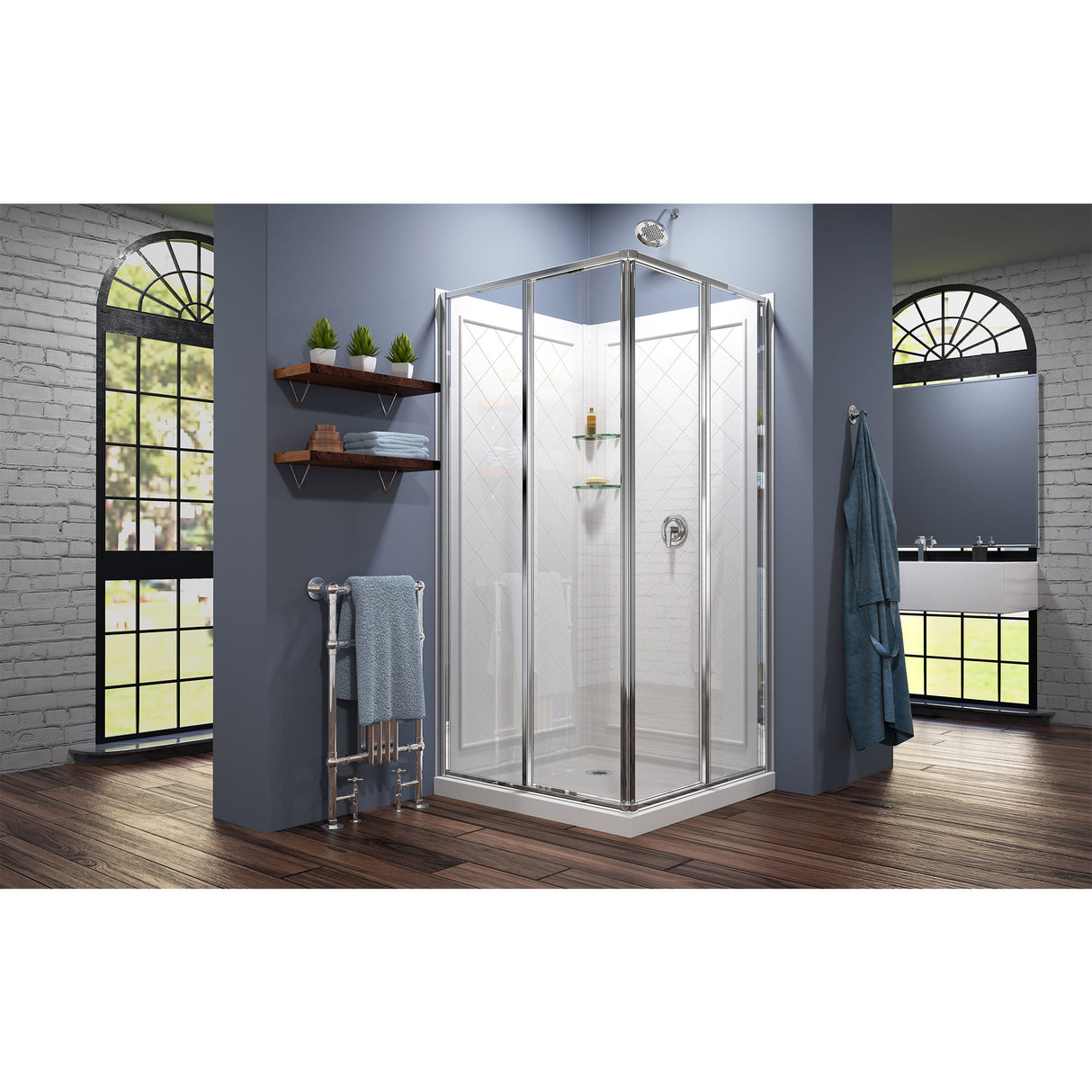 DreamLine Cornerview 36 in. D x 36 in. W x 76 3/4 in. H Framed Sliding Shower Enclosure in Chrome with White Base and Wall Kit