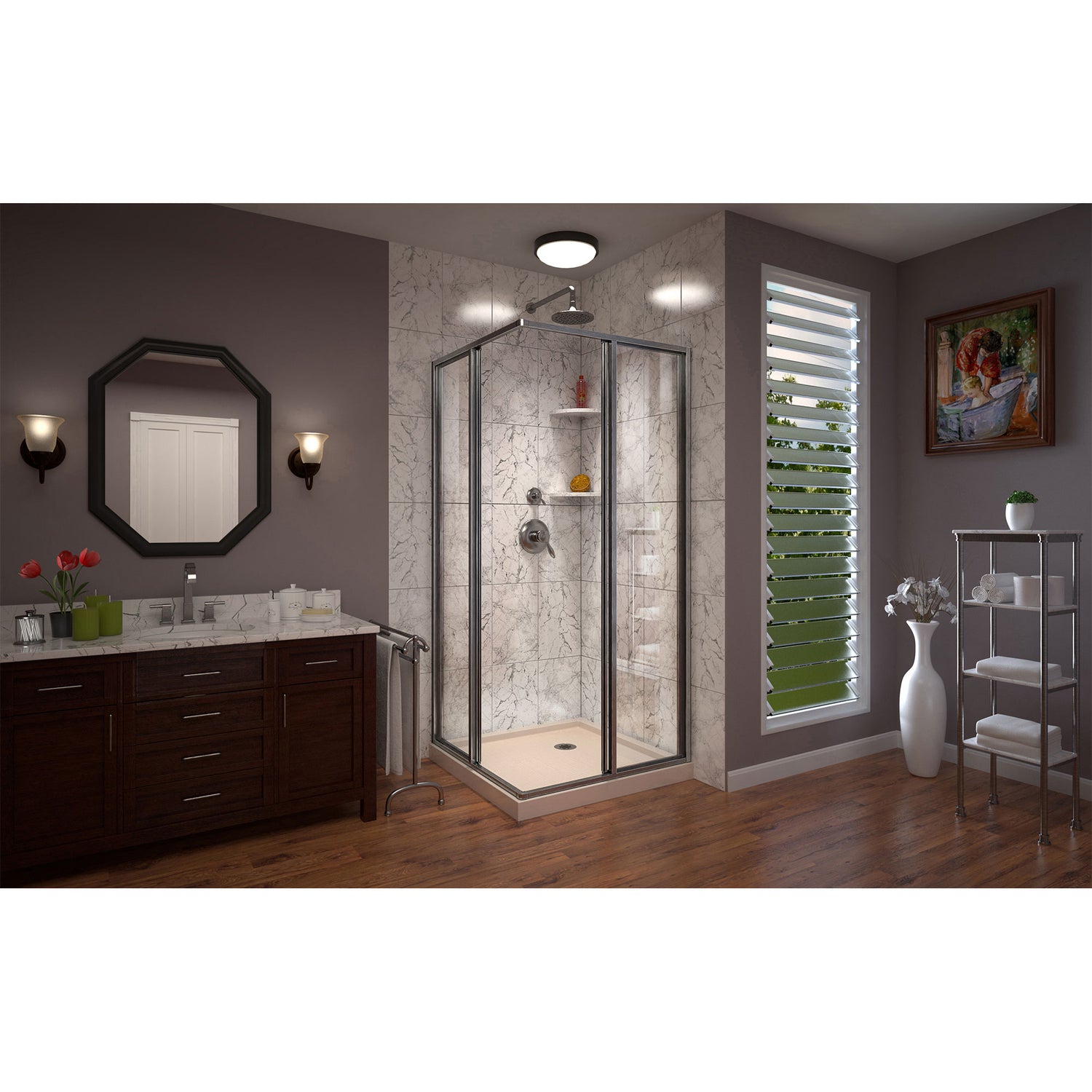 DreamLine Cornerview 36 in. D x 36 in. W x 74 3/4 in. H Framed Sliding Shower Enclosure in Brushed Nickel with Biscuit Shower Base