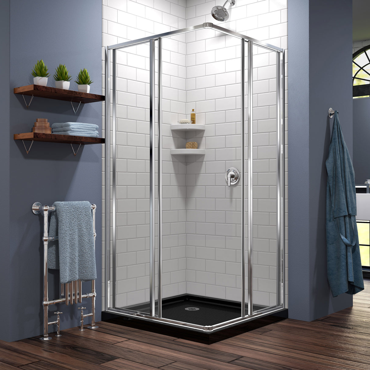 DreamLine Cornerview 42 in. D x 42 in. W x 74 3/4 in. H Framed Sliding Shower Enclosure in Chrome with Black Acrylic Base Kit